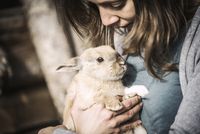 Frau hält ein hellbraunes Kaninchen liebevoll im Arm